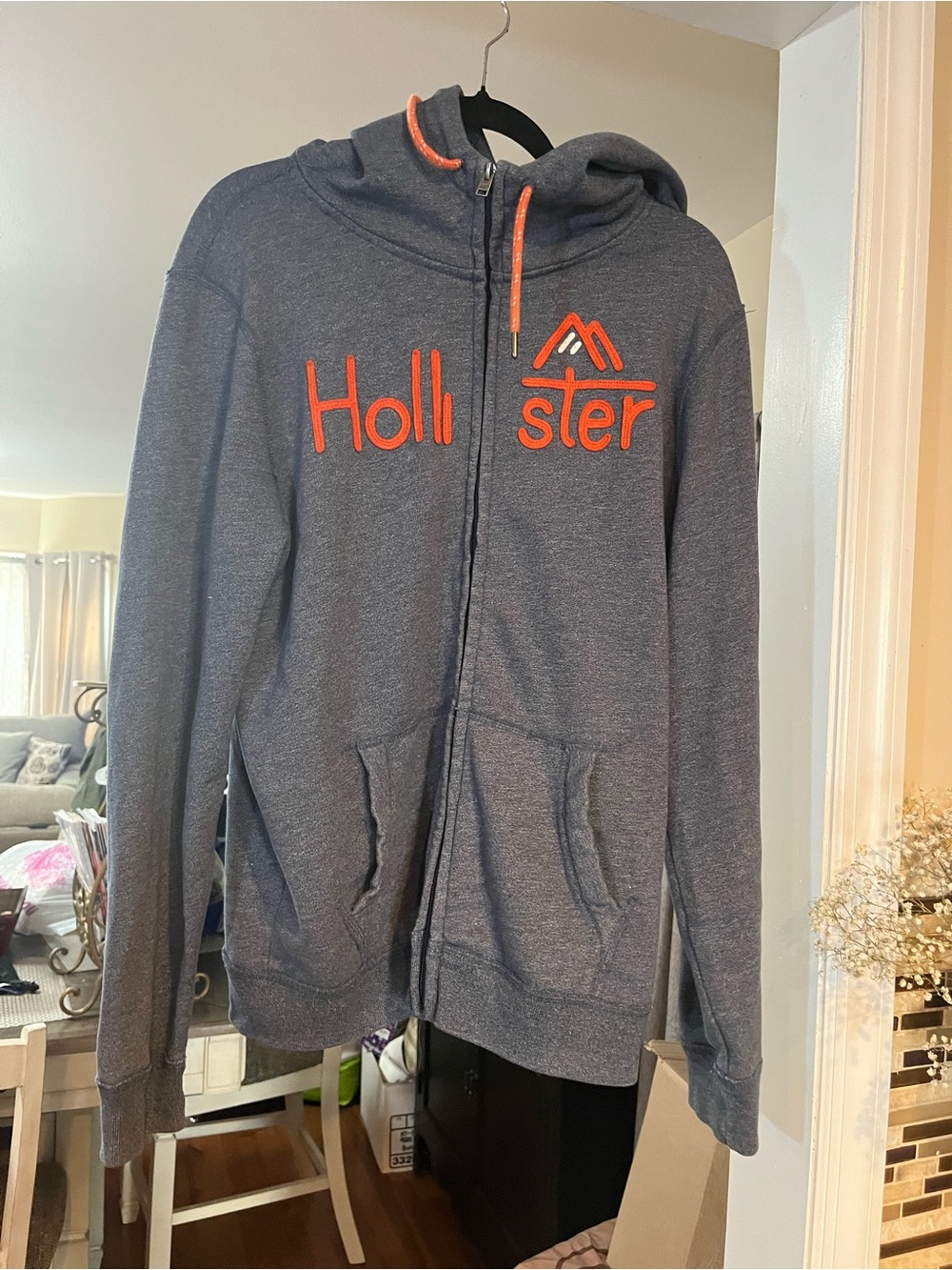 Hollister Men's Charcoal Zip-Up Hoodie with Orange Logo large